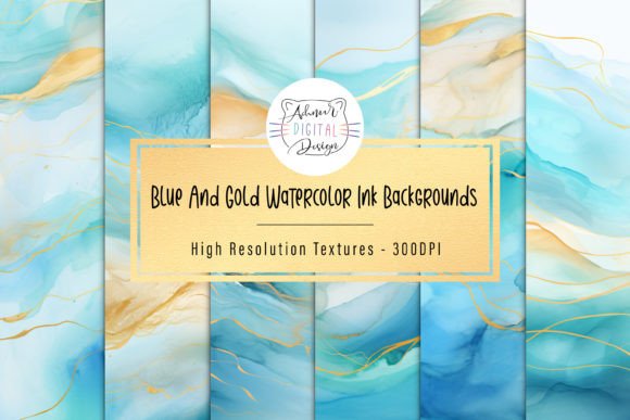 Blue and Gold Watercolor Ink Backgrounds: Instant Elegance