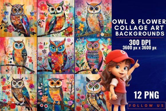 Owl & Flower Collage Art: Whimsical Design Harmony