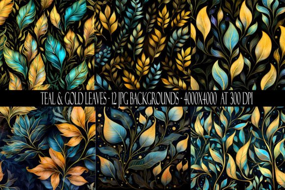 Teal and Gold Leaf Backgrounds: Luxury Design Assets